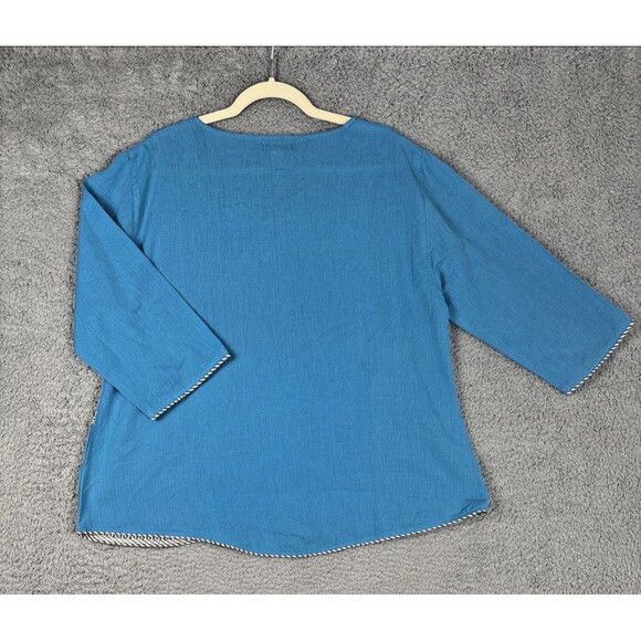 Dragonfly Artisian Women Turquoise Blue Blk Wh Pullover Cotton Blouse Sz XL Boho - Picture 2 of 6
